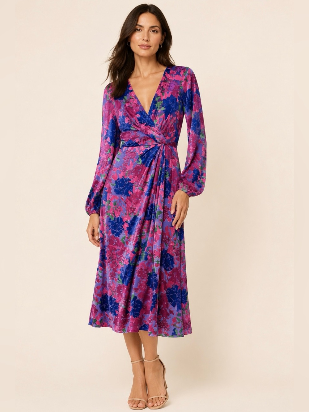 Monique Lhuillier V-Neck Pink and Blue Floral Twist-Front Long Sleeve Dress
